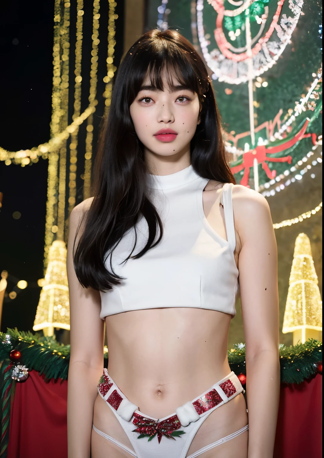 smile,((NSFW)),( Best Quality:1.2), Bitch,( female genitals:1.1),8k, Original photo, Beautiful sexual woman, cute beautiful girl at church,((彼女の裸のLower Bodyが見える、股間の female genitalsが見えている:1.8))、Thighs、Waist、Lower Body、( Christmas lights and decorations in front of a beautifully lit up church:1.3)、(light tube:1.3)、Luminarie