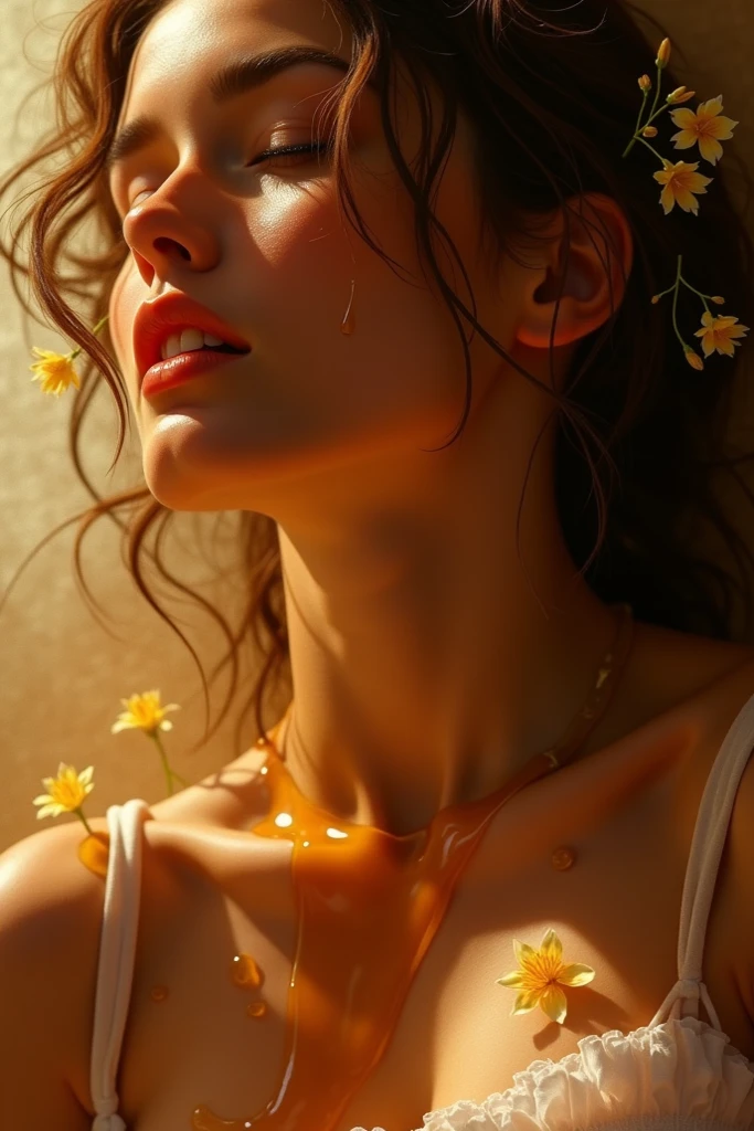 ((top-quality, 8K)), (Realistic), (Face Focus: 1.2),  (lose up),Create an artistic image of a person (chest-deep:1.5),  closeup fantasy with water magic, in a serene lake surrounded by vibrant sunflowers and other wildflowers. Above them, the lake's surface gently ripples instead of sky, reflecting the sun's rays like an inverted landscape. The rippling water and light highlight the natural beauty of the setting. The woman's expression is one of tranquility and connection with nature, embodying the peacefulness of the countryside.