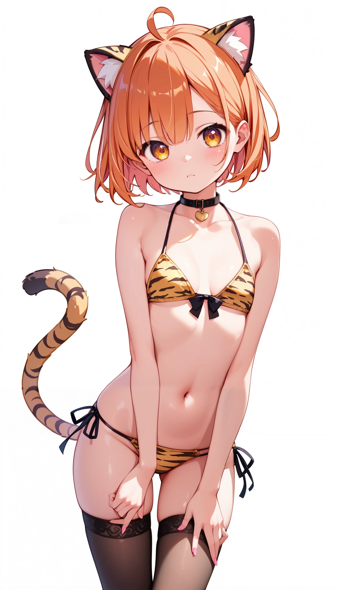 High image quality 、 High Quality 、 shy expression、 one girl 、 shy expression、 squishy 、Loli Big Tits、 、 elementary school students、Orange Hair、 the tips of the hair are pink、 short bob cut、Ahoge、Golden Eyes、Slanted Eyes、 short、Chibi、 medium chest 、 cleavage、 face close-up 、 taken from above、 looking at the camera 、 back、 Tiger print bikini、Cat ears、 stockings、 choker with small black ribbon、 simple background