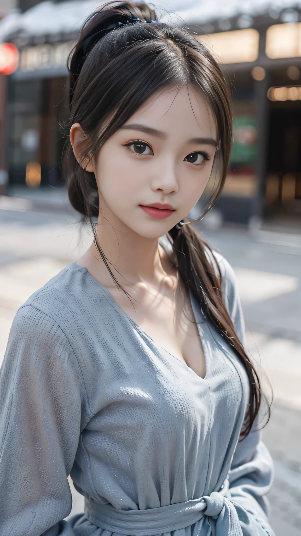((highest quality, 8k, masterpiece :1.3)), One girl, Beautiful woman with slim abdominal muscles :1.3, (Random Hairstyles, Huge breasts :1.2), Casual clothing :1.2, Outdoor, Highly detailed face, Fine grain, double eyelid, whole body