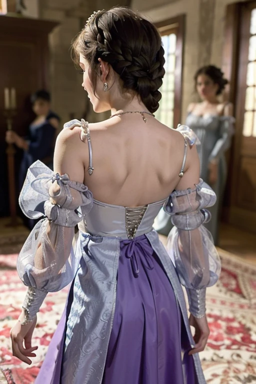 Natalie Portman with her brown hair partly in a coronet of rope braids threaded with silver beads and the rest in delicate ringlets down her back and wearing an Italian Renaissance style purple velvet gown with long puffed silver silk sleeves and a square neckline edged in bands of silver embroidery and a frill of silver lace, along with a high waisted bodice and silver silk insets on the flowing skirt.