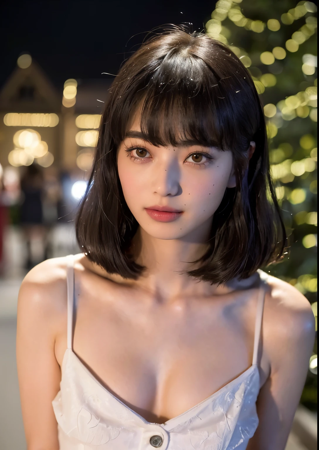 1, Realistic, raw, masutepiece, 8K Photorealistic, A dark-haired, wind blown hair, Black kimono, Big Breast, Detailed finger, Detailed face, Natural Skin Texture, Standing, Night, Lantern background、A smile、short-hair、Standing like a model、Facing the front、Loose and fluffy hair、Perm hair、Emphasize cleavage、Floral costume、sexy facial expression、sexy  pose、Eroi