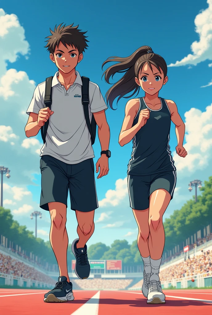 Create a image in which two girls are jogging their back faces should be seen the background is little rain in morning
The first girl should be wearing plain light pink jersey with black shorts and light pink shoes and her hairs should be small like above neck
The second girl should be wearing plain orange jersey with black shorts and hairs till neck black sport shoes and hairs should be small and height should be slightly shorter than her and shorts slightly above thigh and both girls are slim
The background should be in stadium running track