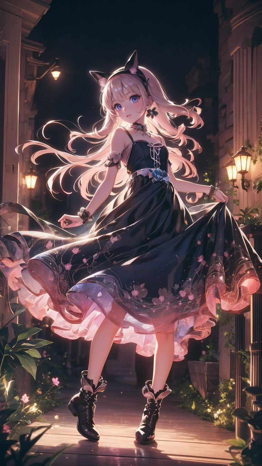   anime style 、story、、   pretty girl 、とてもcute天使、  pink gothic dress 、cute、baby face、smile、  Long Skirt 、   black boots 、Very cute headband
