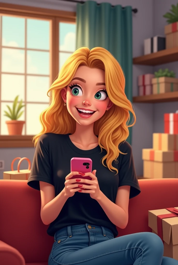 An animated-style depiction of a cheerful blonde young woman wearing a black T-shirt, smiling brightly as she uses her smartphone. She is sitting in a cozy, well-lit room filled with visible shopping boxes and packages scattered around, evoking the excitement of Black Friday shopping. The setting feels modern and dynamic, with vibrant colors and a touch of playfulness, emphasizing the thrill of consumerism during the shopping spree season. The focus is on her joyful expression, golden hair, and the bustling energy of the scene