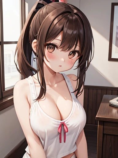  one girl 、As-、 cute underwear、Upper body portrait、 sleeveless、poneyTail、  brown hair、 brown eyes、 long ponytail、Medium bust、 College Student 、  cleavage 、 camisole that feels around the crotch, big breasts、