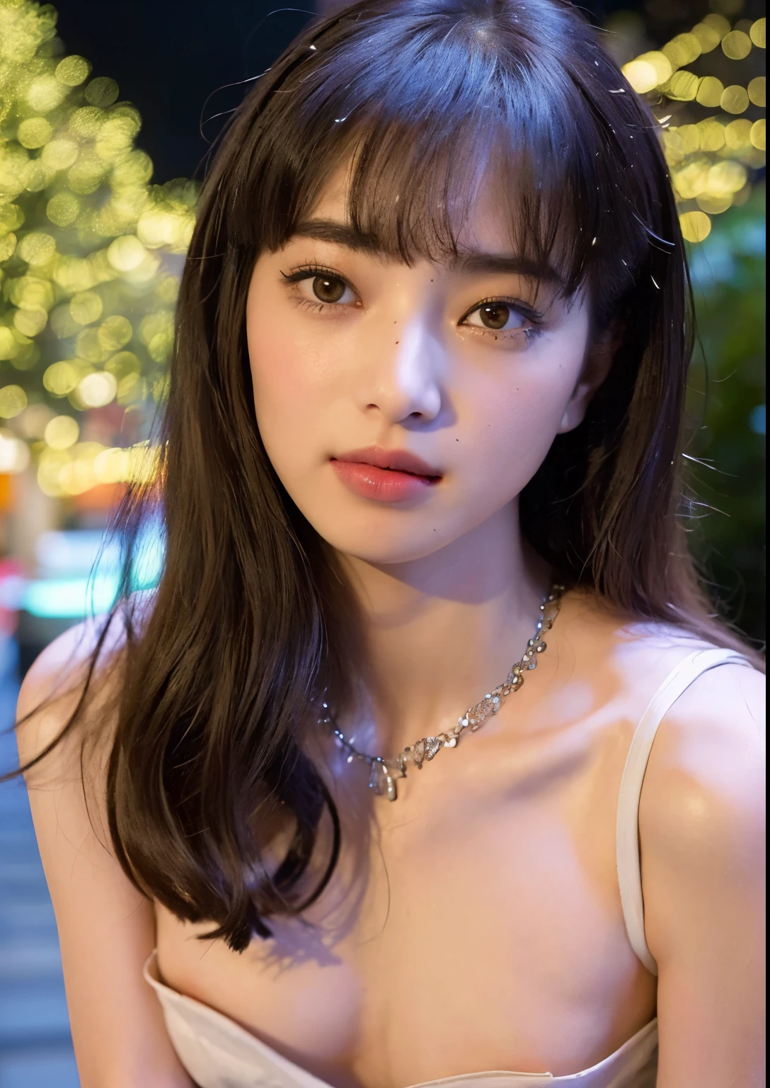iu1, (8k, best quality, masterpiece:1.2), (realistic, photo-realistic:1.37), ultra-detailed, 1 girl,cute, solo,midnight,beautiful detailed sky,detailed cafe, sitting, dating, look at viewer, blush, shy, small breasts, ,floating hair, deep V sweater, earring, necklace,  black lace bra revealed,  photographed with a nikon d850, Nikon AF-S nikkor 58mm f/1.4G lens