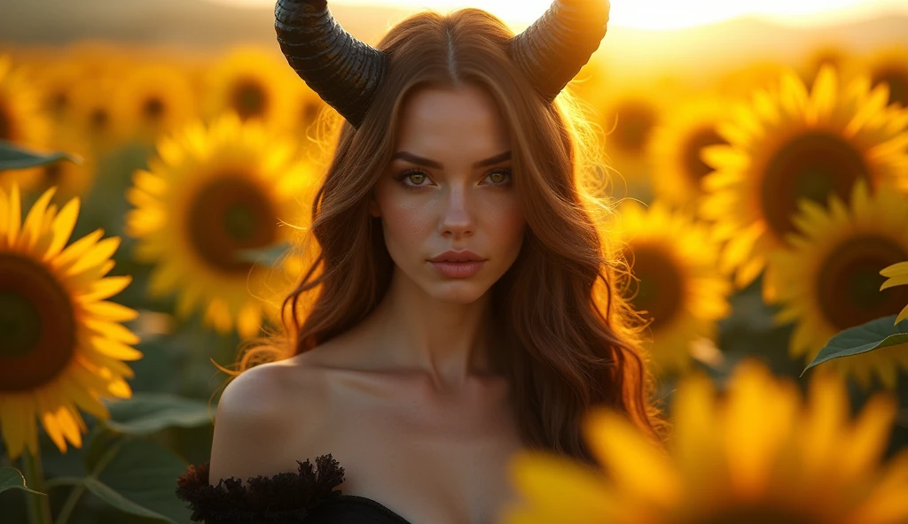 Tall brunette woman, with cow horns, muscular, voluptuous with large breasts.