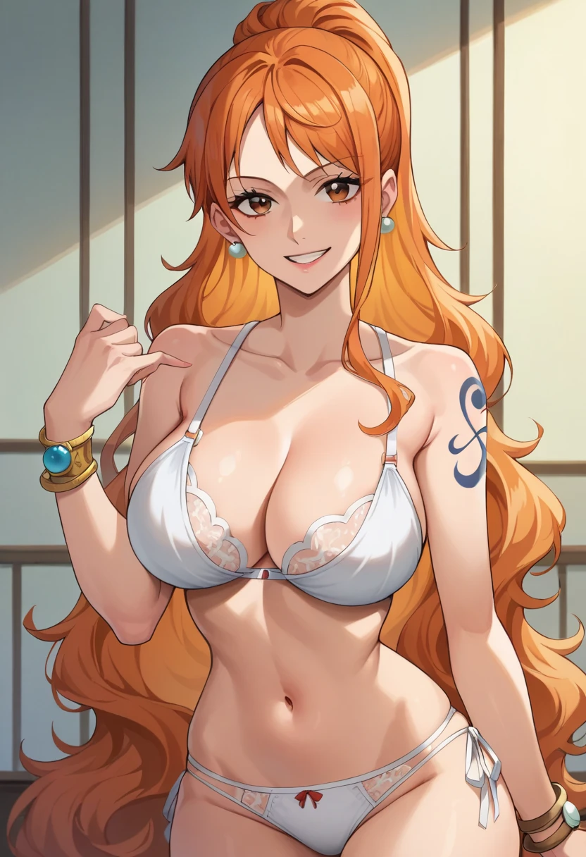 1girl, solo, long hair, smile, jewelry, orange hair, earrings, looking at viewer, bracelet, breasts, ponytail, brown eyes, orange eyes, left shoulder tattoo, bare shoulders, very long hair, sidelocks, bangs, collarbone, left arm tattoo, bare arms, shiny hair, bangle, large breasts, wavy hair, ,nami_\(one_piece\), white lace bra, white lace panties, standing, BEDROOM