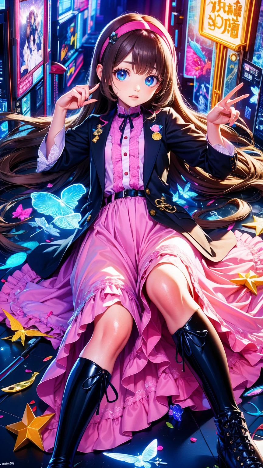   anime style 、story、、   pretty girl 、とてもcute天使、  pink gothic dress 、cute、、smile、  Long Skirt 、   black boots 、Very cute headband
