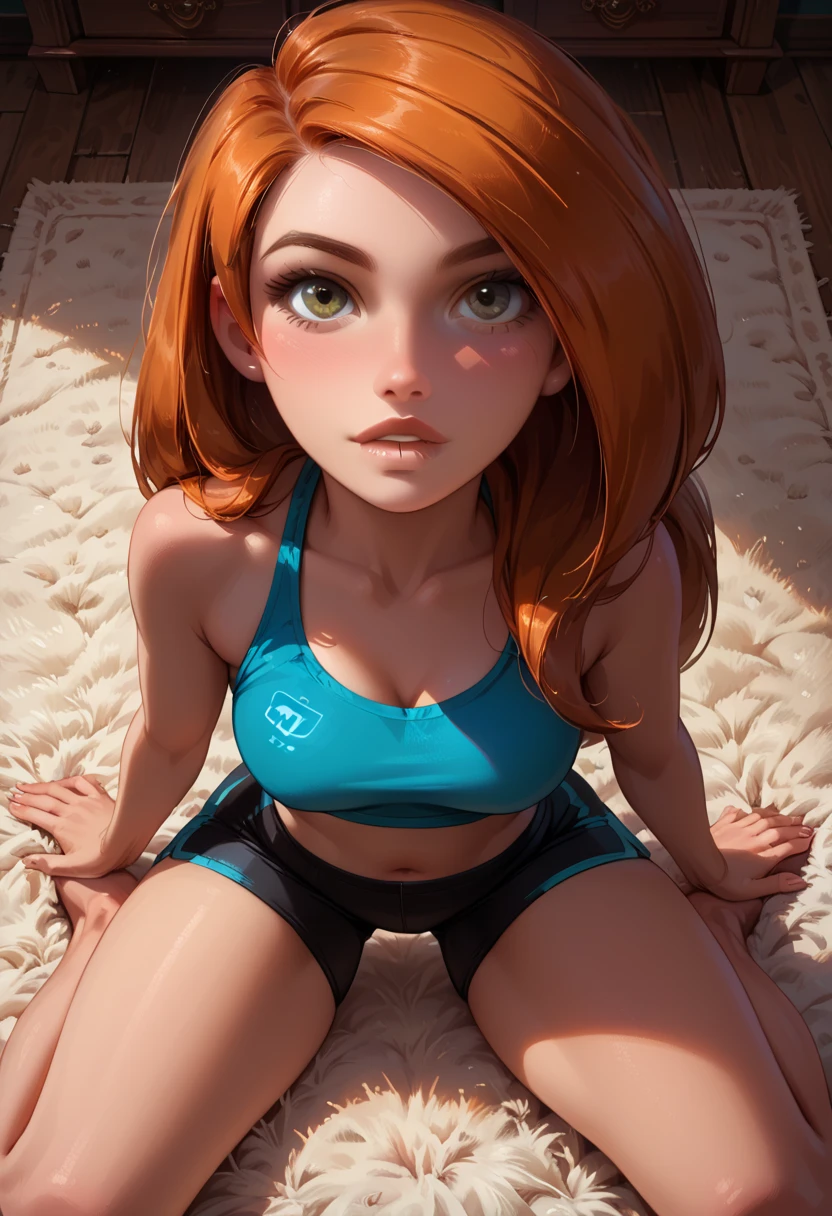 core_9, score_8_up, score_7_up, score_6_up, rating_questionable, 1girl, solo, beautiful waifu, (thicc, plump butt, thick thighs:1.2), (Kim Possible:1.4), wearing (tiny yoga shorts and yoga top, bare shoulders, bare arms, midriff, barefoot:1.2), (beautiful bedroom:1.4), on the carpet, (kneeling, mpose, legs apart:1.3), seductive, (sexy look, horny, biting lip:1.1), (looking up at viewer:1.5), eyes half-closed, filled lips, thick lips, detailed eyes, detailed face, dimly lit, perfect hands, (Hand, detailed, perfect, perfection, hands:1.2), perfect proportions, (POV, close-up shot, shot from above:1.2).