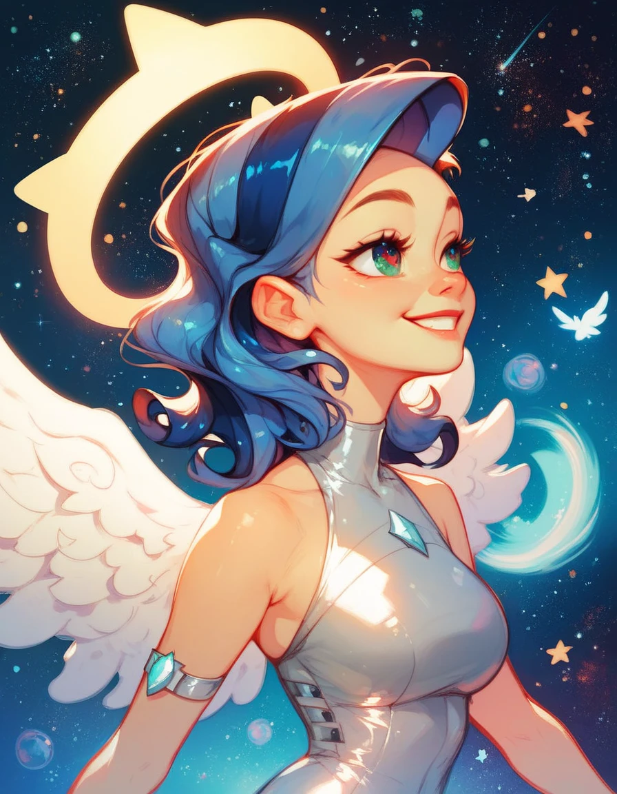 a woman,  hair teal,  red eyes, smile, Angel Wings, golden halo, Silver swimsuit , standing, in outer space, Milky Way in the background, stars in the distance,  perfect anatomy, 