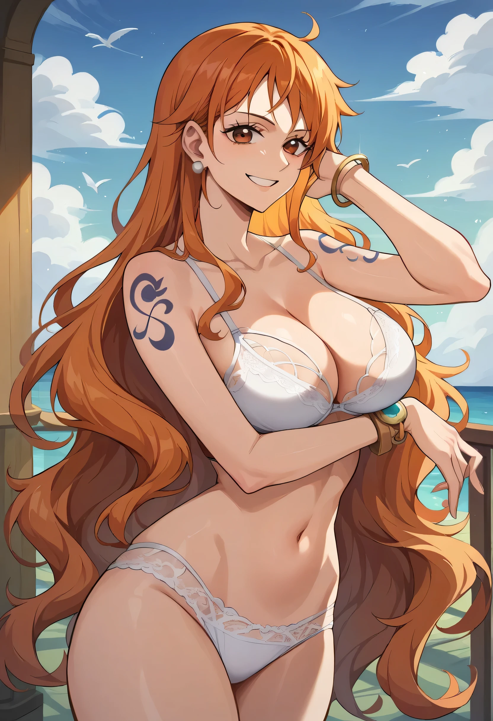 1girl, solo, long hair, smile, jewelry, orange hair, earrings, looking at viewer, bracelet, breasts, ponytail, brown eyes, orange eyes, left shoulder tattoo, bare shoulders, very long hair, sidelocks, bangs, collarbone, left arm tattoo, bare arms, shiny hair, bangle, large breasts, wavy hair, ,nami_\(one_piece\), white lace bra, white lace panties, standing, BEDROOM