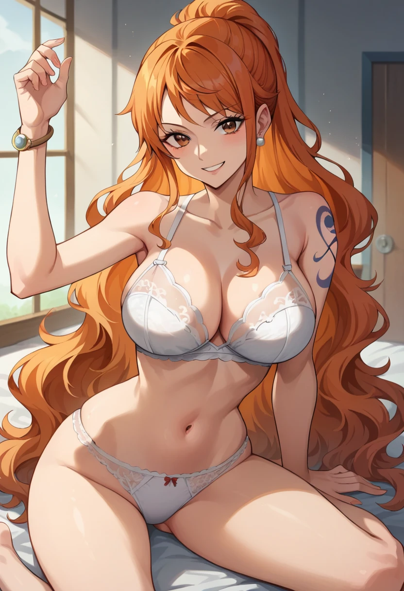 1girl, solo, long hair, smile, jewelry, orange hair, earrings, looking at viewer, bracelet, breasts, ponytail, brown eyes, orange eyes, left shoulder tattoo, bare shoulders, very long hair, sidelocks, bangs, collarbone, left arm tattoo, bare arms, shiny hair, bangle, large breasts, wavy hair, ,nami_\(one_piece\), white lace bra, white lace panties, sitting, BEDROOM