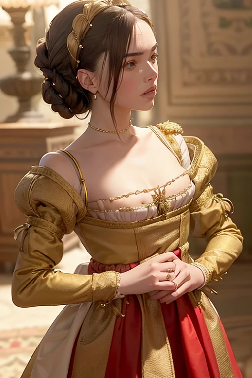 Daisy Ridley with her brown hair in a Renaissance style gold hair net set with tiny rubies and wearing an Italian Renaissance style red and gold brocade gown with long fitted sleeves slashed at the shoulders and elbows, with puffs of white silk pulled through the slashes, and a bodice with a square neckline.