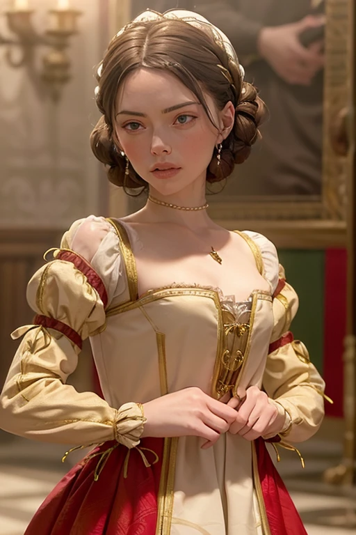 Daisy Ridley with her brown hair in a Renaissance style gold hair net set with tiny rubies and wearing an Italian Renaissance style red and gold brocade gown with long fitted sleeves slashed at the shoulders and elbows, with puffs of white silk pulled through the slashes, and a bodice with a square neckline.