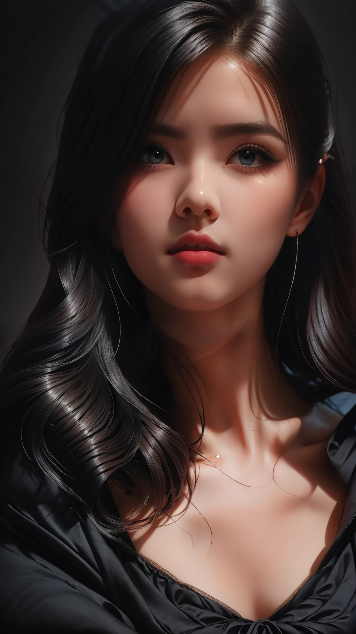masterpiece, best quality, ultra-detailed, facing the camera head on, intricately detailed hyperdetailed, realistic, sharp features, highly detailed, sharp focus, perfect face, perfect face, perfect symmetrically perfect eyes, perfect full lips, flexible female form, cinematic, film light, hyper detailed, hyper realistic, masterpiece, atmospheric, high resolution, vibrant, dynamic studio lighting, nsfw, ((Dark background)), Sexy face, Facial expressions when receiving pleasure, straight Bangs, Big breasts, Exposed cleavage, blue Eyes,black sweater,