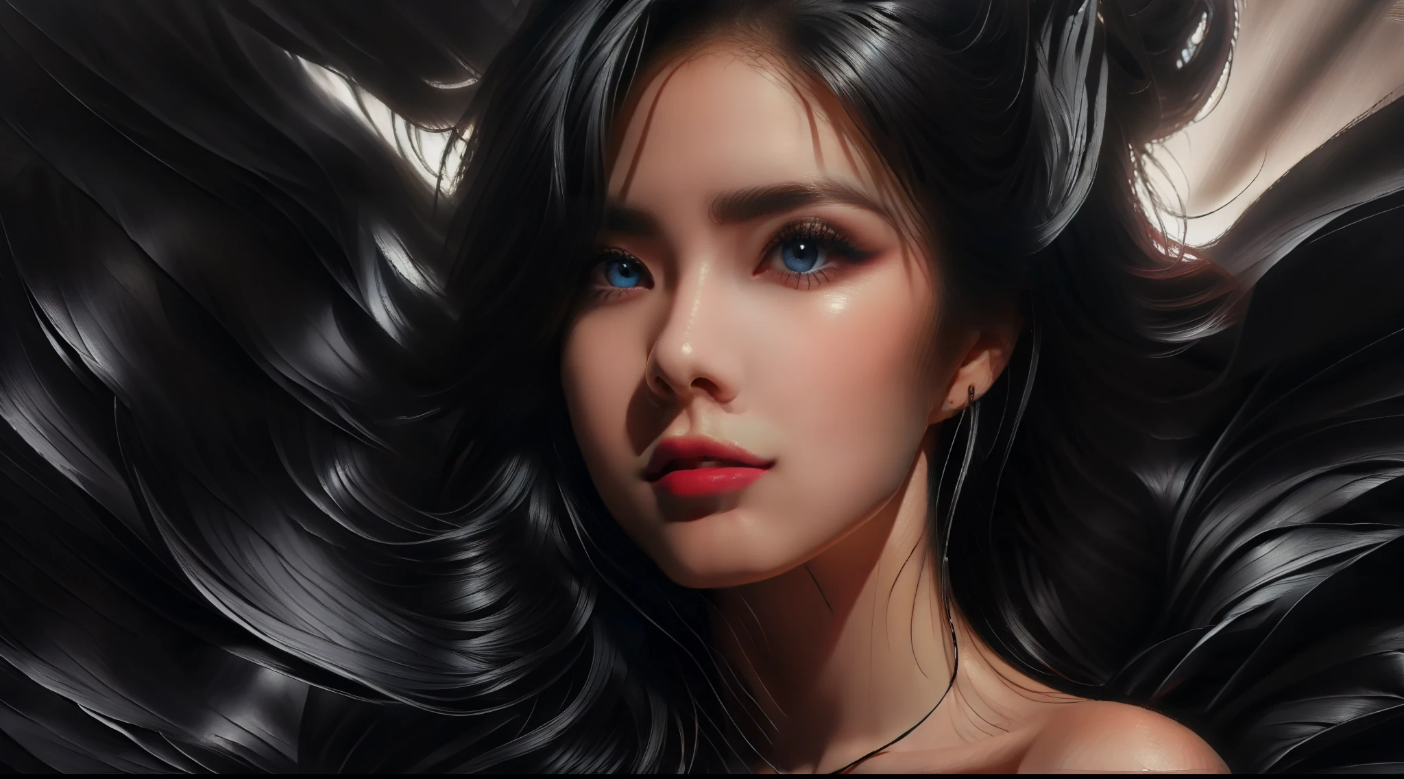 masterpiece, best quality, ultra-detailed, facing the camera head on, intricately detailed hyperdetailed, realistic, sharp features, highly detailed, sharp focus, perfect face, perfect face, perfect symmetrically perfect eyes, perfect full lips, flexible female form, cinematic, film light, hyper detailed, hyper realistic, masterpiece, atmospheric, high resolution, vibrant, dynamic studio lighting, nsfw, ((Dark background)), Sexy face, Facial expressions when receiving pleasure, straight Bangs, Big breasts, Exposed cleavage, blue Eyes,black sweater,