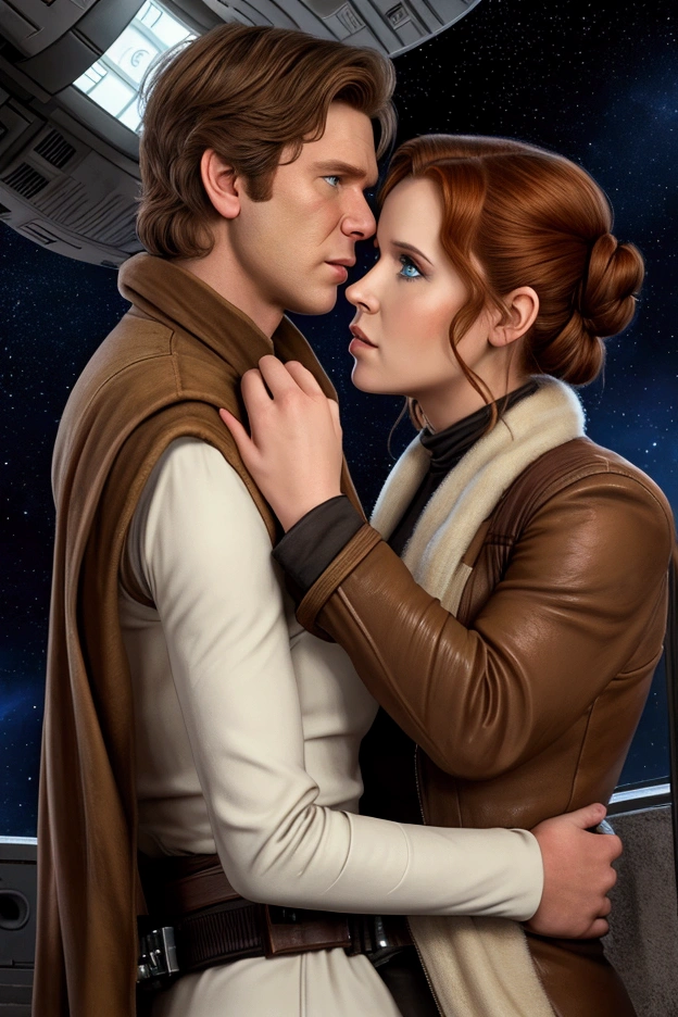 Iconic double date in outer space, Han Solo and Luke Skywalker, Princess Leia and Mara Jade, futuristic setting, vibrant CGI animation, detailed character features, distinct hair and eye colors, Han Solo's brown hair and eyes, Luke Skywalker's sandy blonde hair and blue eyes, Princess Leia's long brown hair and brown eyes, Mara Jade's long red hair and green eyes, romantic chemistry, dynamic lighting effects, romantic atmosphere, Han kisses Leia, Luke kisses Mara.