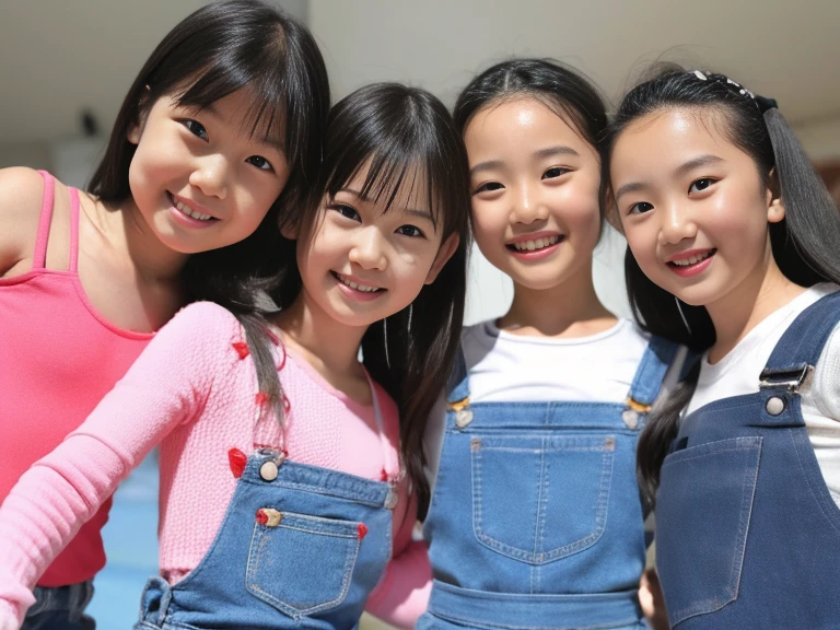 Four Girls、 girl、 cute girl、 Overalls、A happy smile、simple background, 、round face、 looking at the camera、