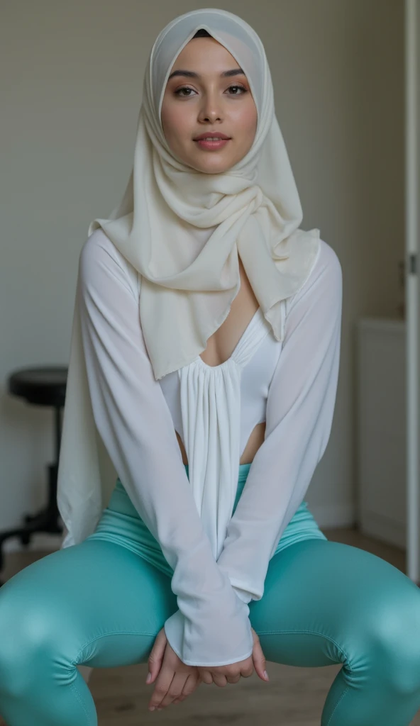 smiling hijab cheeping woman wearing white panties and white t-shirt, big pussy, open legs
