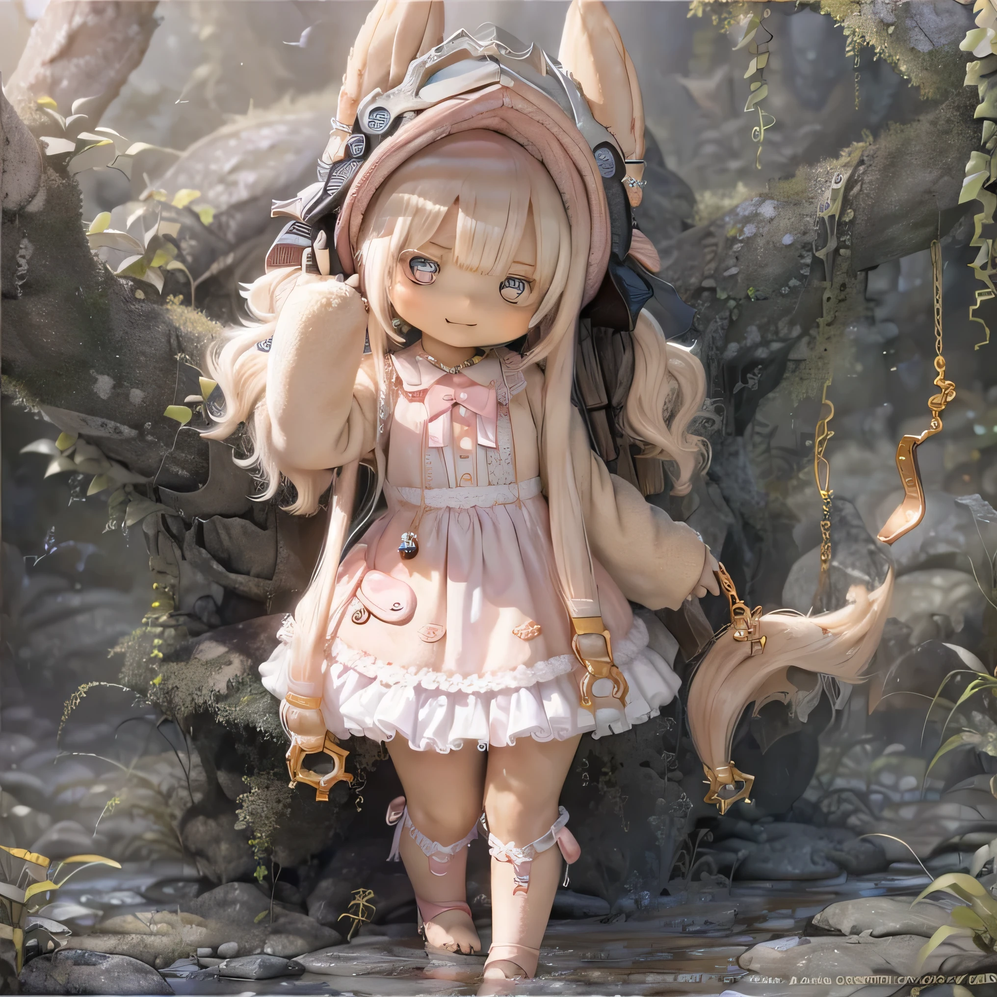 in the garden, Smiling girl, Similar to Nanachi from Made in Abyss. She is beautiful, Beautiful eyes and lips. girl (((Chibi Style,))) . Image quality is excellent, Highly detailed and realistic features. The medium of this work is、Combining illustration and photorealistic rendering.. The colors are vivid、The lighting creates a warm and bright atmosphere。 whole body(((((Cute pink dress)))))Contrasting