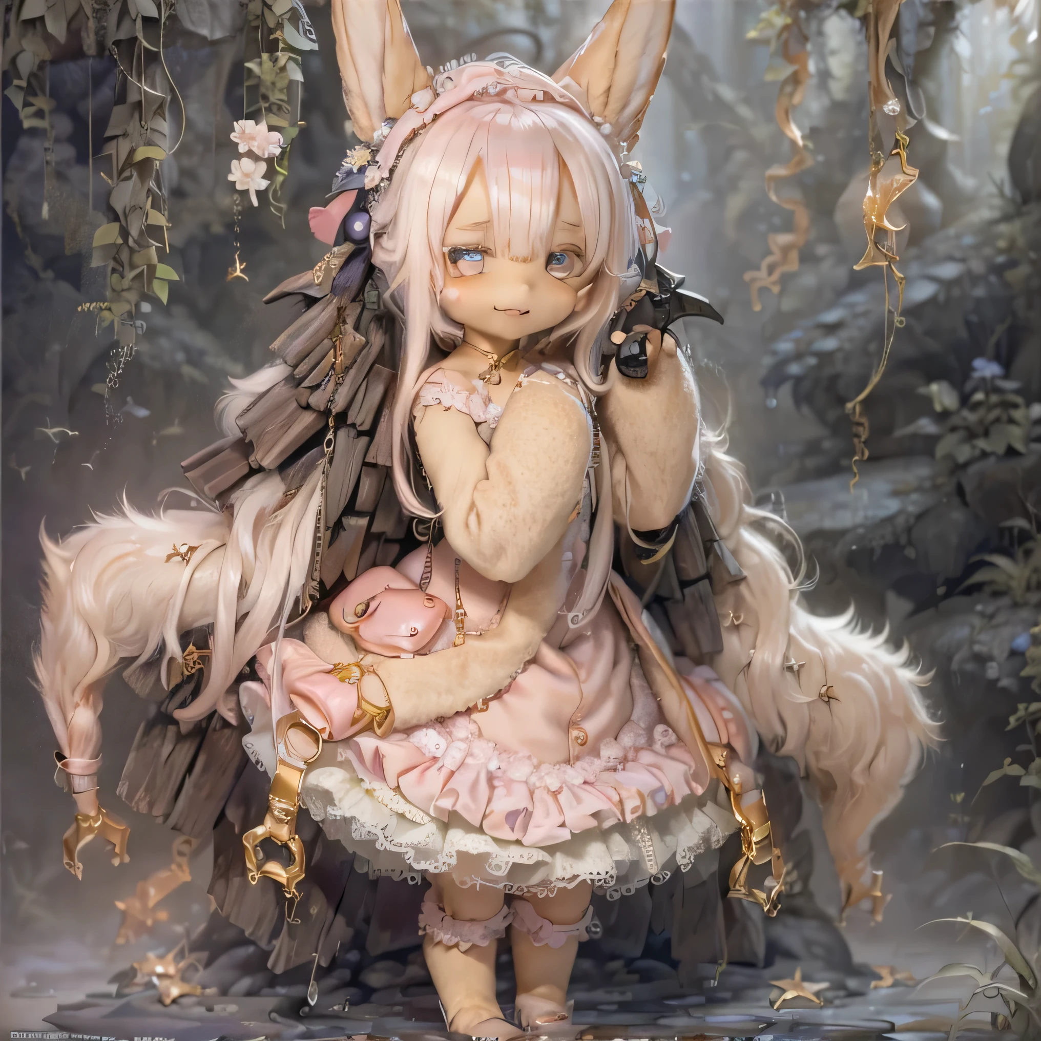 in the garden, smile, Similar to Chi from Made in Abyss.        Similar to a forest setting   ,   it combines       , Beautiful eyes and lips.  (((chibi style,))) . The image quality is excellent,  Highly detailed and realistic features . The medium of this work is、         Illustration using photorealistic rendering .. The colors are vivid、        Lighting、 creates a warm and bright atmosphere            。 whole body(((((       cute pink dress       )))))Contrasting cute poses