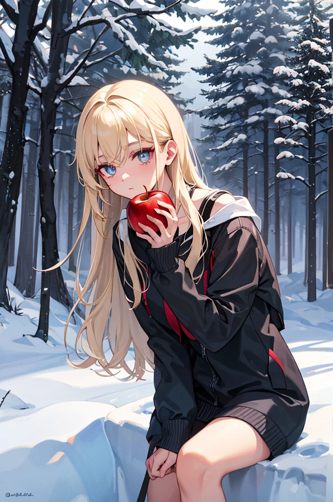  depicts a woman in a winter environment ,  with trees in the background and a snow-covered setting .  she has long, straight hair , of a light blonde color ,  that fall over the shoulders .  The person's face has a striking makeup ,  with red shadows and long eyelashes , highlighting the eyes .  She holds a red apple with one hand .  The clothing is light colored ,  probably a jacket ,  that contrasts with the icy background around .  The facial expression and pose suggest an air of mystery and introspection.