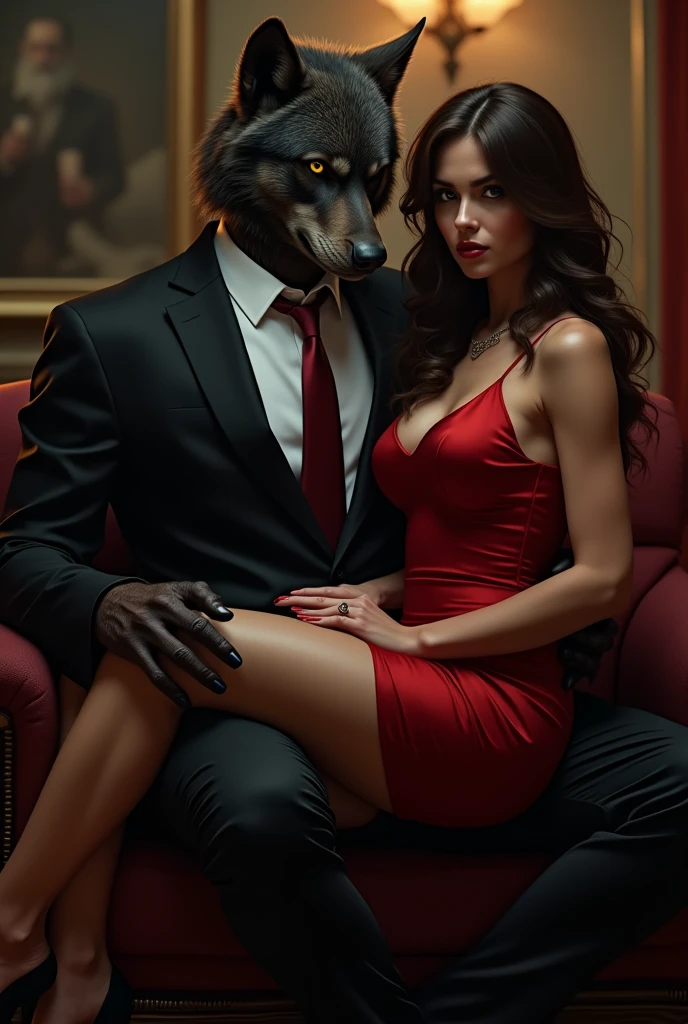 wolf dressed in a suit hugging a woman, with huge breasts, Nice smile, she in black lingerie, she looking at the camera, Photo studio, realist, ultra realist