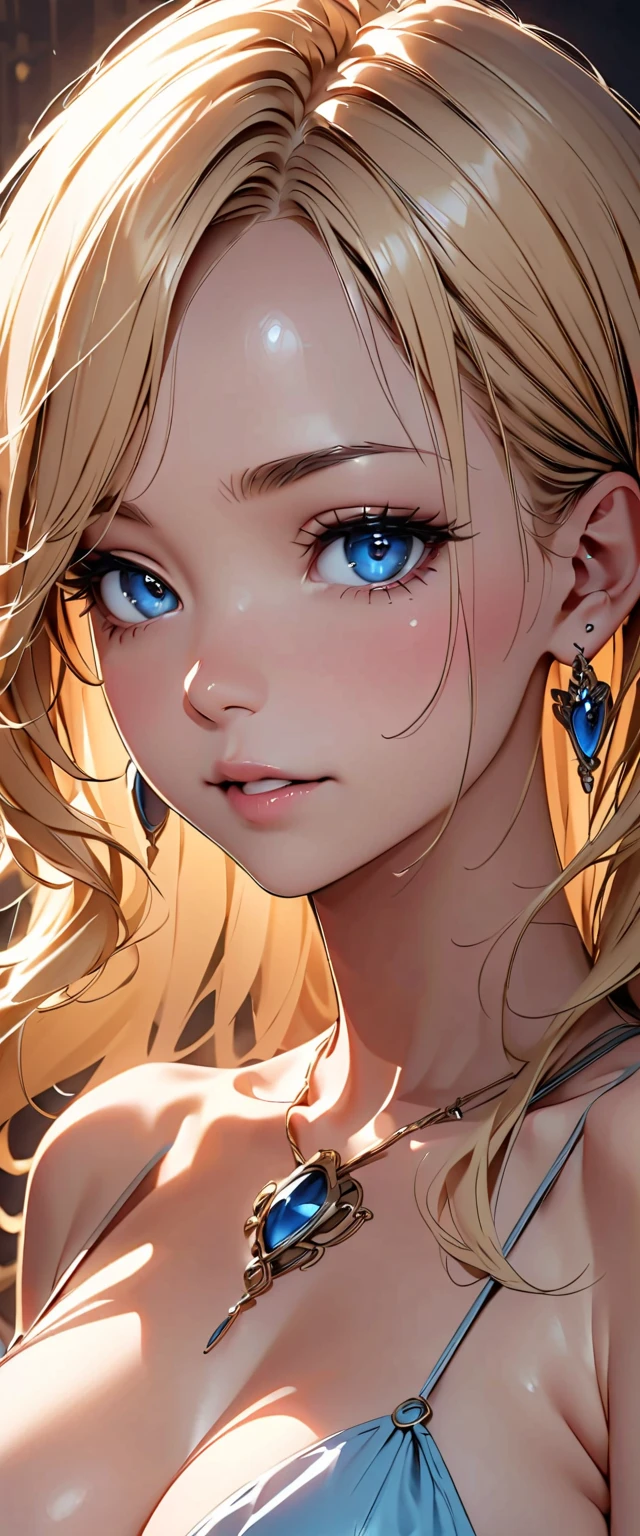 Beautiful girl, (Platinum hair), ((very long curly hair)), face perfect, innocent smirk, trunk,(cerulean eyes), (yan), (mic), (slim), ((flat-chested)), ((21 years old)), skin denture, extreme detail, charming oval face, Red lips, Pink, shining skin, detailed hair, Facial Focus, Close-up chest, gold decorative necklace, gold earrings, ((1 girl)), Embarrassed expression,