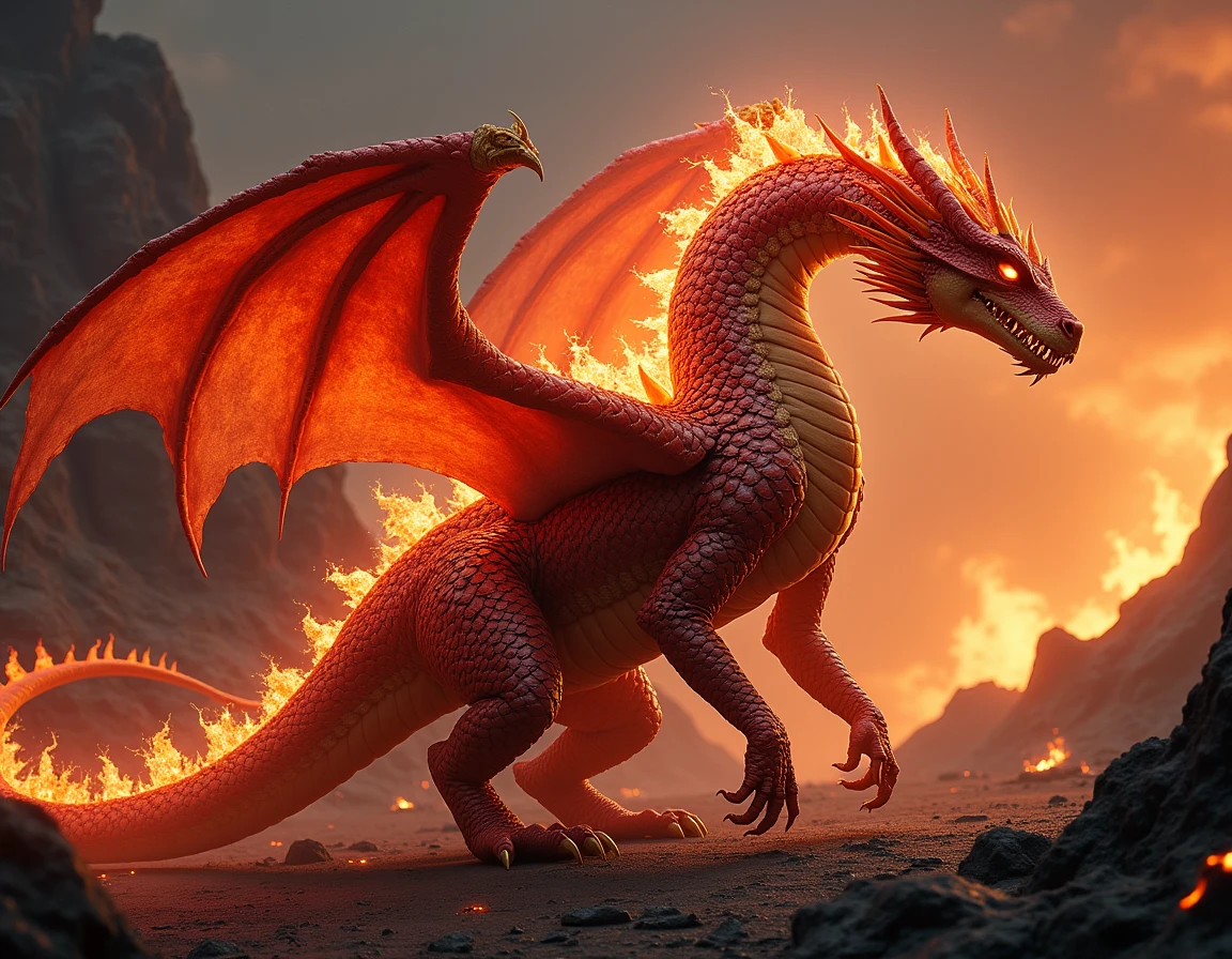a highly detailed 4k render of a fire dragon, extremely realistic detailed scales, molten lava-like skin, glowing embers, dynamic pose with outstretched wings, cinematic lighting, dramatic red and orange color palette, intricate texture details, realistic shadows and highlights, photorealistic