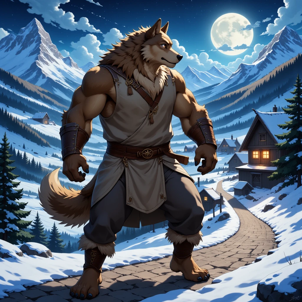 character focus, full body, looking away, various angle, european fantasy, a muscular middle-aged wolf man, heroic costume clothes, robe, shirt, pants, boots, dynamic pose, BREAK complete anatomy, perfect proportions, beautiful thigh gap, fluffy body, intricate fur details, beautiful fur texture, BREAK a detailed wolf 1tail, detailed boots, detailed foot, detailed hands, 5fingers, 5fingers nails, BREAK intense face, anime face, insanity detailed face, male face, big face, strong jawline, aesthetic anime eyes, detailed brown eyes, detailed brown cornea, detailed dark brown irises, detailed pupils, male eyes, big eyes, male eyebrows, innocent look, beautiful beard, BREAK full body in Michelangelo Buonarroti style, digital illustration anime, housamo style, detailed painting landscape, full moon night, snow mountain, village, path, powder snow, outdoor, full color, HDR, BREAK masterpiece, official art, best quality, very aesthetic, absurdres, super fine illustration, great quality, BREAK noise reduction, very highres, large filesize, high quality, 32K, 8k wallpaper, dynamic lighting, BREAK insanity detailed, ultra detailed, intricate details, extremely detailed, detailed texture, an extremely delicate and beautiful, BREAK osukemo, e621 illustration, kemohomo, anthropomorphic, furry, cartoon, harmonious body, pastoral face, virtuous eyes, epic atmosphere