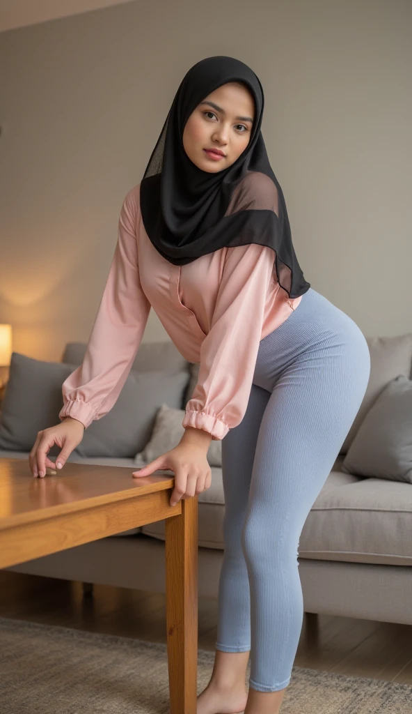 Indonesian beauty girl wear black hijab standing in living room, lady 30-years-old,bent over, cleaning the table, fit curvy body, sultry, lustful girl, erotic, teasing, (wearing pink long sleeves silk pajama), (wearing light peach tight Plizkated pants), ((thick thighs)), protruded buttock, ((wearing light blue tight long plizcated pants)), medium breast, (Hourglass posture), pants detailed, detailed pants, fat vagina, cleavage, side front view, reat body shot, seductive poses, teasing poses, Squatting, bent over the table, Cameltoe, Busty, saggy breast, muscullar body:1.3, living room detail, short curvy posture, realistic,detailed clothes, masterpiece, fat abs  Plizcated pants, Knitted pants, looking at camera