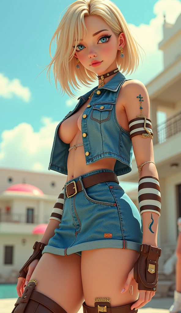 unparalleled masterpiece, ultra realistic 8k CG, perfect artwork, (1girl:1.1) , solo, ((perfect female figure)), (nsfw), looking at viewer, mature female, bimbo (android 18) standing, (teasing), best quality:1.1 , seductive posture, sexy pose, alluring, (beautiful), (curvy), (thick), blonde hair, (blue eyes:1.2), short hair, earrings, jewelry, denim vest, open vest, black pantyhose, black shirt, denim skirt, striped long sleeves, blue skirt, toned legs, fit, (abs:1.1), (big butt:1.4), peach ass, (athletic body:1.2), (large breasts:1.3, (big_breasts:1.1), wide_hips:1.5, narrow waist, small waist:1.5, slender body:1.2, thick thighs:1.3), (shiny skin:1.2), (hdr), (street:1.2), Nikon D850 film stock photograph Kodak Portra 400 camera f1.6 lens, rich colors, lifelike texture, dramatic lighting, unreal engine, trending on ArtStation, by Gerald Brom, by Frank Frazetta, by Luis Royo, by Julie Bell, by Boris Vallejo