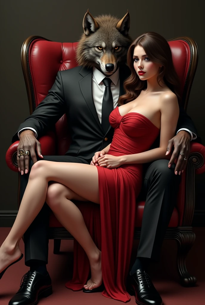Handsome muscular furry black Wolf red êtes white chest white ABS white inner thighs red underwear bulge silver necklace ans bracelet. Sitting in throne. Kiss male human male chest hair lick . sitting on thigh
