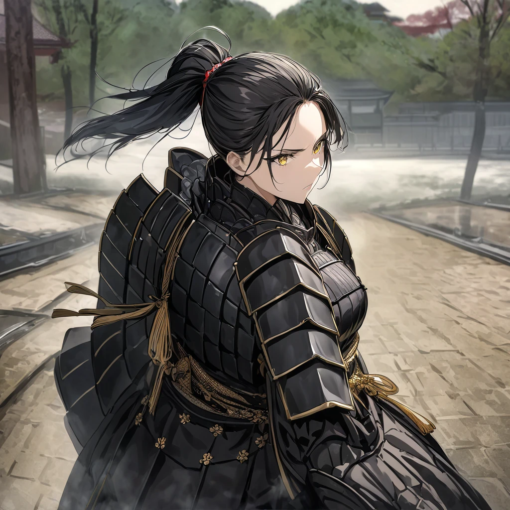  A woman dressed in heavy black samurai armor with gold details,  black hair,  ponytail hair ,  yellow eyes, serious guy, on an old Japanese road ,  Japanese palace in the background with sakura trees around , HDR-10,  ultra resolution ,  very detailed,  masterpiece ,  Ultra quality,  4k high definition . (Alone, Alone una mujer)