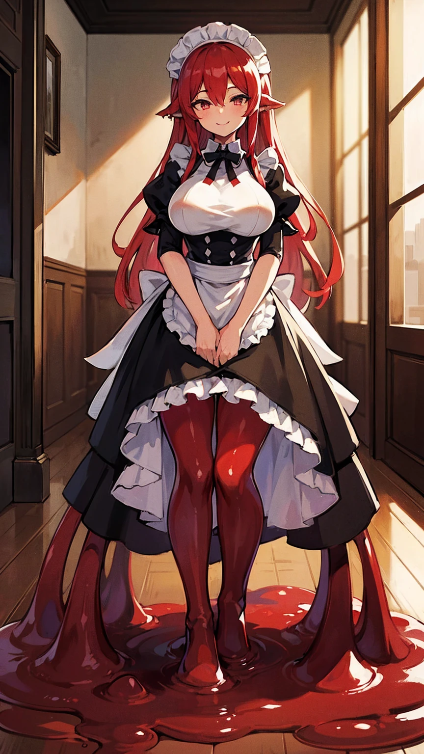 ((masterpiece,best quality,ultra-delicate,Perfect Face,detailed eyes,16k,high resolution,very beautiful girl)),((red slime body ,melting red slimy legs:8.5,Best Anime)),sharpnes,clear,The Art of Phenomenal Depictions,melting red long hair,(1 girl),large breasts,(maid costume,smile:1.4),upper body shot,standing,red muddy floor,indoor