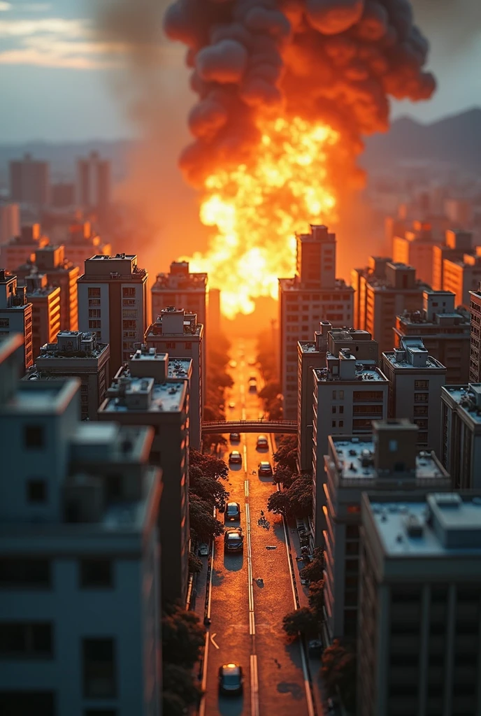 Images of the end of the world，crumbling buildings，rubble，fires+，puffing smoke，People run+，funk+，Overturned car，Realistic epic，hdr++，disuse，com cores neutras，the night，Refraction of screen space，（complexdetails）+，complexdetails+，hyper-detailing+，art  stations，Nuclear power sabotages the film program，vignet，Complex background，red and orange colored，a color，Monster destruction。