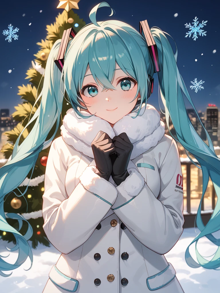 A beautiful snowy nighttime scene in Tokyo, featuring an anime girl dressed in cute and stylish winter fashion. She is standing beside a large, brightly lit Christmas tree in the middle of a festive city square, with softly falling snow adding to the magical atmosphere. The girl looks hopeful and slightly shy as she waits for her boyfriend, her cheeks flushed from the cold. She is wearing a cozy coat with fur trim, a knitted scarf, and warm gloves, with delicate snowflakes caught in her hair. The background showcases Tokyo's iconic cityscape, decorated,


hatsunemiku, miku hatsune, ahoge, aqua eyes, aqua hair, crossed bangs, hair between eyes, hair ornament,long hair, twintails,
