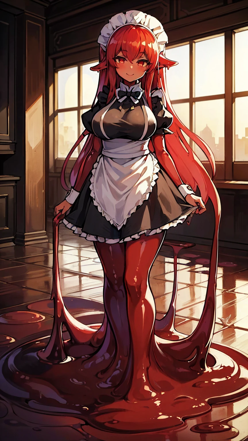 ((masterpiece,best quality,ultra-delicate,Perfect Face,detailed eyes,16k,high resolution,very beautiful girl)),((red slime body ,melting red slimy legs:8.5,Best Anime)),sharpnes,clear,The Art of Phenomenal Depictions,melting red long hair,(1 girl),large breasts,(maid costume,smile:1.4),upper body shot,standing,red muddy floor,indoor