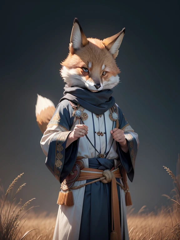 high resolution, 頂級quality, 最好的quality, paid rewards available, 無與倫比的masterpiece, perfect work of art , Ridiculous,好的quality, super detailed ,actual,(portrait,photo-actual:1.37),(hairy:1.1),(human nature:1.1) high resolution, 8K, masterpiece,, super detailed , mammal ,whole body, Country Style Totem ,National jewelry,quality, Hokkaido赤狐, Elders,Elders, 一隻雄性hairy的狐狸 ( Orange fur), whole body都覆蓋著毛皮, , 穿著Hokkaido阿伊奴族的傳統服飾, Beige Coat ,dark blue headscarf , dancing,Squint your eyes and smile, masterpiece, 最好的quality, Digital Art, (actual:0.3), Cartoon, Detailed route , high resolution, visually stunning (Detailed lighting, Depth of Field:0.9), Detailed color , Bright Colors Create Perfect Hands, Delicate hands (Fair, cute, hairy:1.2), detailed body ,Fox Village , HokkaidoNatural background, Horizon Scenery , National Costume, National Totem ,清澈的Sky空, movie lighting , Sky, sunny Sky,,grassland, horizon background (Natural background:1.1,Hokkaido:0.9), ( soft natural light :1.1), ( Detailed Facial Features :1.1,expressive eyes:1.2), ( Calm and Serene Expression :1.1), ( Flowing Layered Clothing :1.1), ( Gorgeous and Delicate Accessories :1.1), Fine hair, exquisite face ,