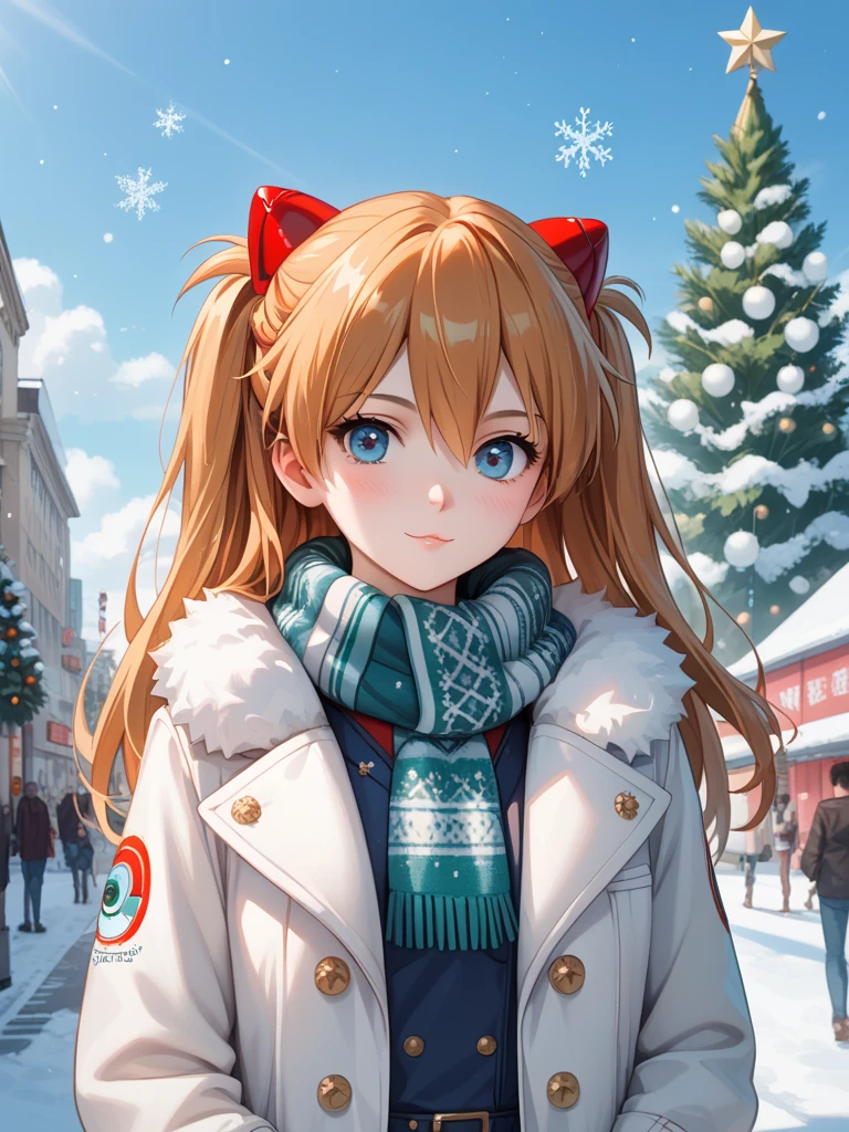 A beautiful snowy nighttime scene in Tokyo, featuring an anime girl dressed in cute and stylish winter fashion. She is standing beside a large, brightly lit Christmas tree in the middle of a festive city square, with softly falling snow adding to the magical atmosphere. The girl looks hopeful and slightly shy as she waits for her boyfriend, her cheeks flushed from the cold. She is wearing a cozy coat with fur trim, a knitted scarf, and warm gloves, with delicate snowflakes caught in her hair. The background showcases Tokyo's iconic cityscape, decorated,

score_9,score_8_up,score_7_up,source_anime,masterpiece,best quality,absurdres,highres,very aesthetic,ray_tracing,
1girl,beautiful face,
souryuu_asuka_langley,