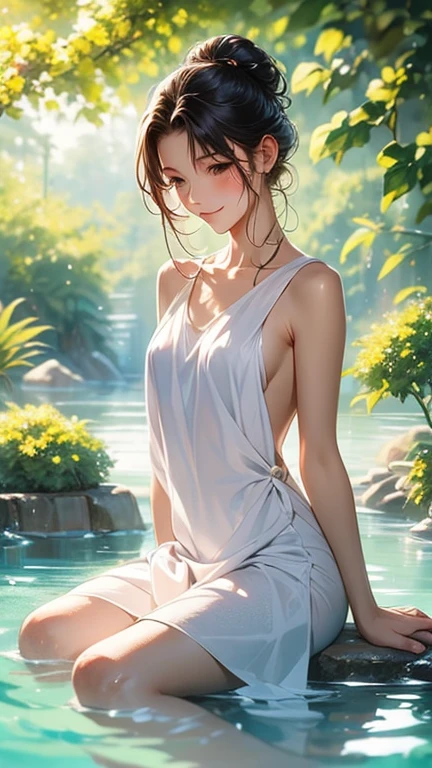 Masterpiece, top quality, super detailed CG, intricate details:1.5), 8k wallpapers, elaborate features,
(1 person, solo:1.4), perfect cartoon illustration,1 girl, cute face, smiling, naked, her skin wet with hot water, spacious Roman termae