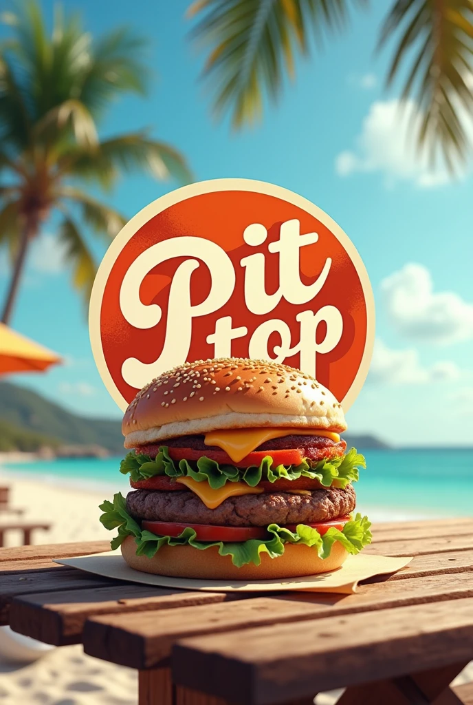 Logo with the name 'pit stop' beach table with double hamburger in the background