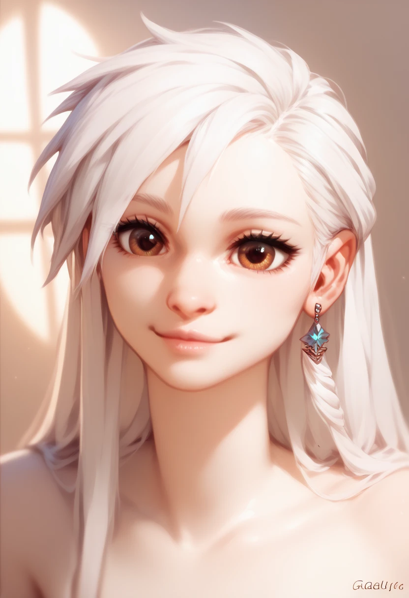 female, , an efl, white hair, slightly brown eyes, 160m tall, flat and small chest, face: beautiful, gentle, youthful, cute.