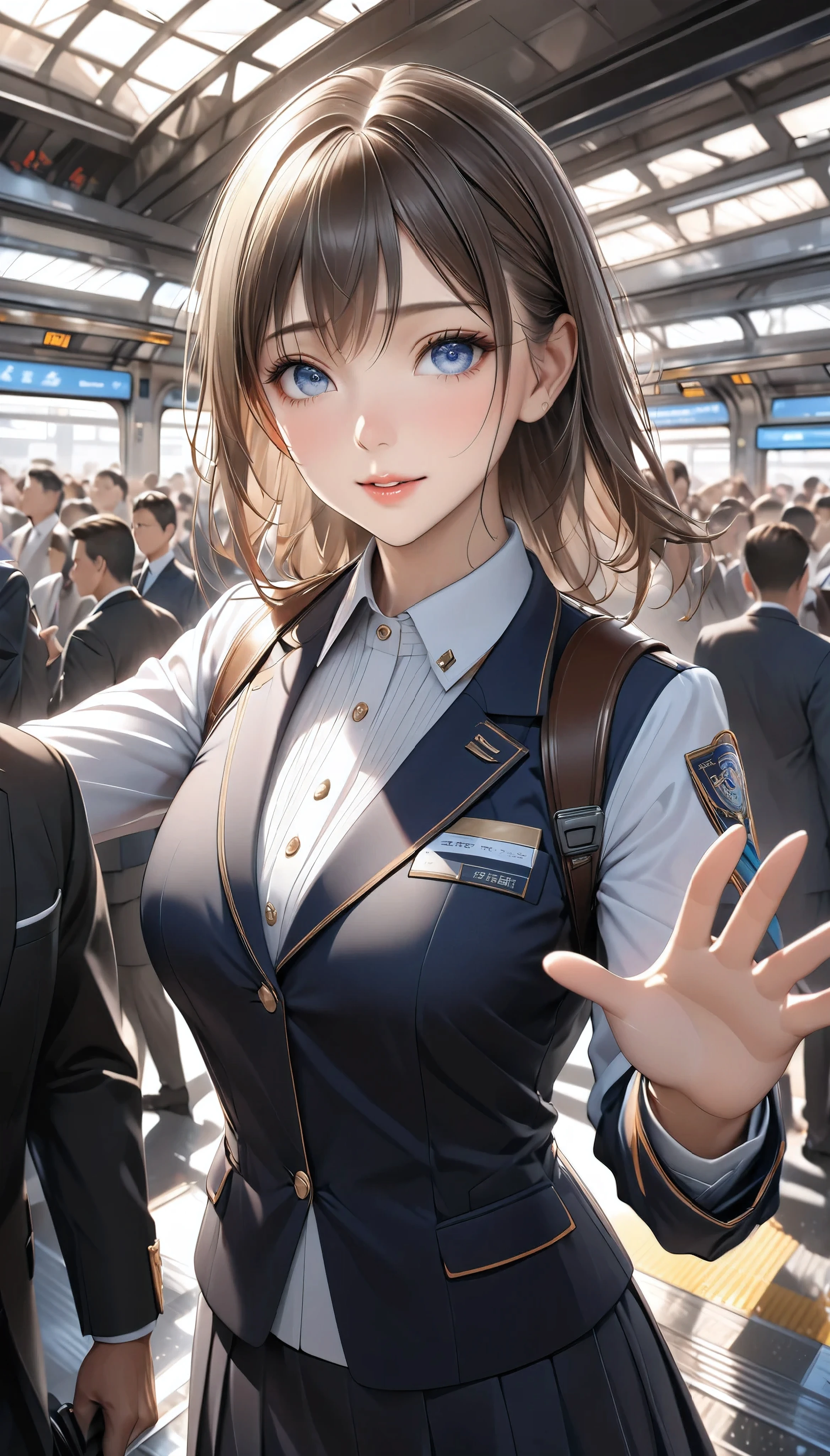  Detailed digital CG unit with extreme quality,  Ultra Realistic Animation , Super Fine,  digital illustration, BREAK Trains Waiting ,  Female Conductor Giving Signals ,  Safety Confirmation Before Departure ,  High Class and Strict Simple Uniforms, Uniform cap, sense of cleanliness,  Amidst Everyday Chaos 々, A bustling station,  Lots of People Getting On and Off 、 people offering their blessings to you々, Super Retina, Sharpness,  dynamic angle,  Soft Focus, 