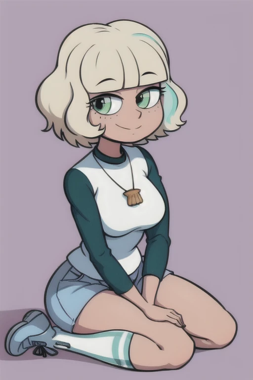 Jackie Lynn Thomas ， 1 girl, Alone, chest,  look at the viewers, smile,  shorthair,  open her mouth , bangs,  skirt,  blonde hair, large chest,  simple background,  shirt,  Long Sleeve , gem,  sitting, Green Eyes, whole body, Thighs, shoes, Shorts, socks,   stripe, Dark Skin, blunt bangs,  Necklaces ,  dark-skinned woman, denim, white socks, seiza, Freckles, overview, white overview,  raglan sleeve, Aqua background ,   stripe socks