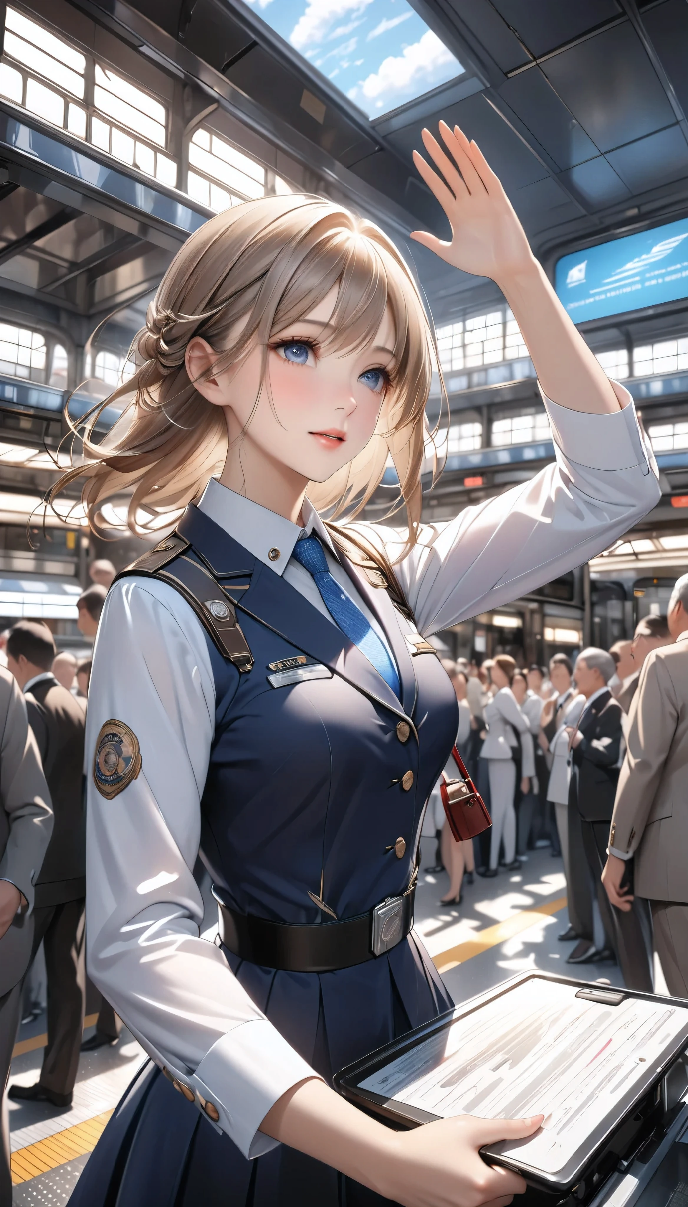  Detailed digital CG unit with extreme quality,  Ultra Realistic Animation , Super Fine,  digital illustration, BREAK Trains Waiting ,  Female Conductor Giving Signals ,  Safety Confirmation Before Departure ,  High Class and Strict Simple Uniforms, Uniform cap, sense of cleanliness,  Amidst Everyday Chaos 々, A bustling station,  Lots of People Getting On and Off 、 people offering their blessings to you々, Super Retina, Sharpness,  dynamic angle,  Soft Focus, 