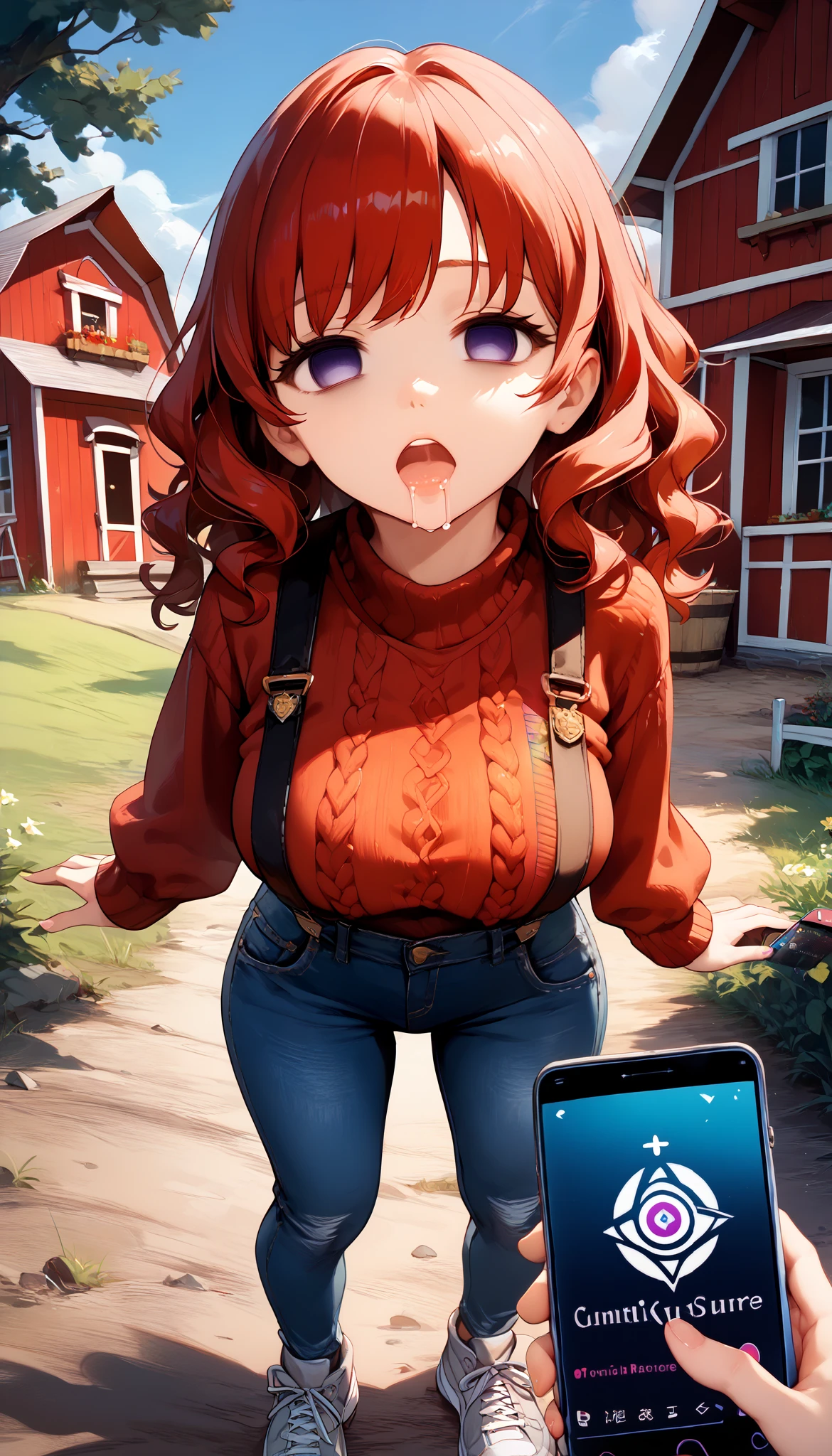 sfw, masterpiece, Best Quality, High resolution, detail hands, detail fingers, detail face, detail leg, perfect lighting, (1girl, solo, detail girl, 20 years old girl), cute girl, (red hair, wavy hair, bobcut, wavy bangs, purple eyes, large breast), (red summer sweater, jeans, suspenders, gray sneakers), (fantasy, island, farm), (sunny), (pov, phone, empty eyes, open mouth, drooling, standing still, look at viewer:1.5)