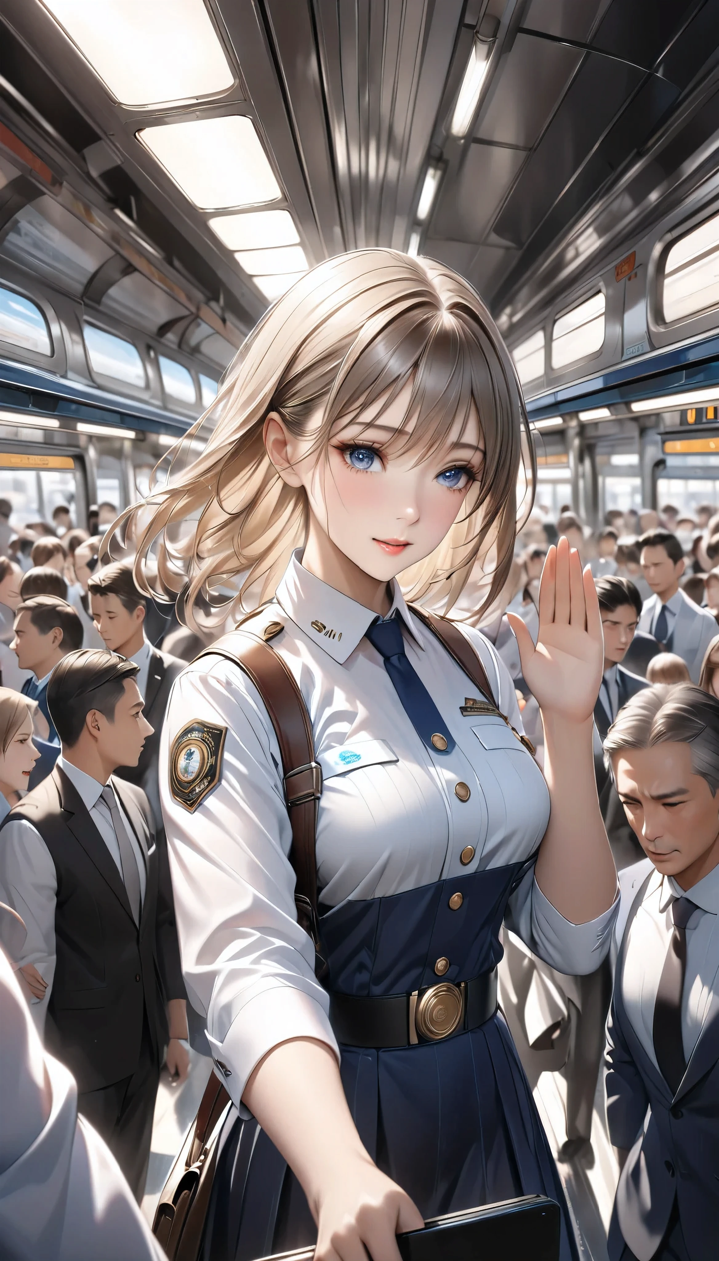  Detailed digital CG unit with extreme quality,  Ultra Realistic Animation , Super Fine,  digital illustration, BREAK Trains Waiting ,  Female Conductor Giving Signals ,  Safety Confirmation Before Departure ,  High Class and Strict Simple Uniforms, Uniform cap, sense of cleanliness,  Amidst Everyday Chaos 々, A bustling station,  Lots of People Getting On and Off 、 people offering their blessings to you々, Super Retina, Sharpness,  dynamic angle,  Soft Focus, 